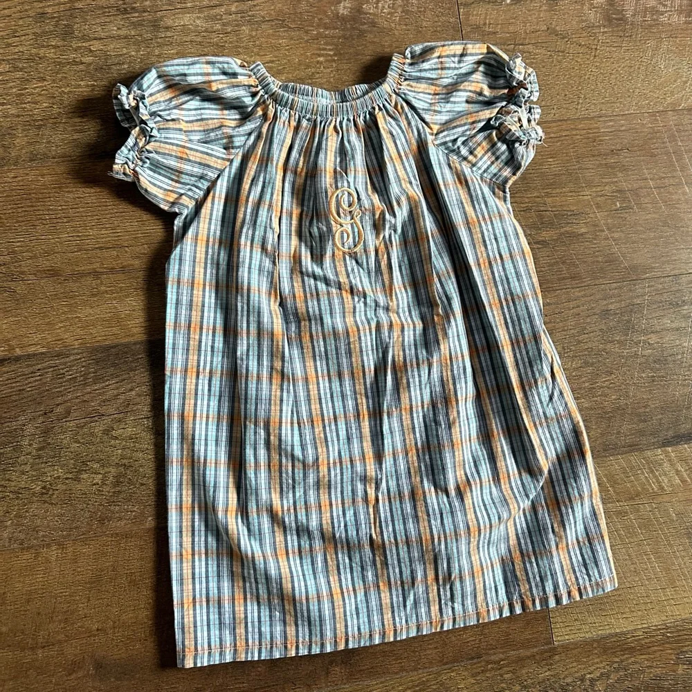 Girls Haley and the Hound Plaid Nightgown 2T Blue Orange Monogram G